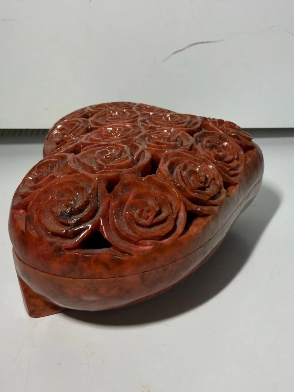 Hand Carved Soapstone Heart Trinket Box Roses India Jewelry Keepsake box